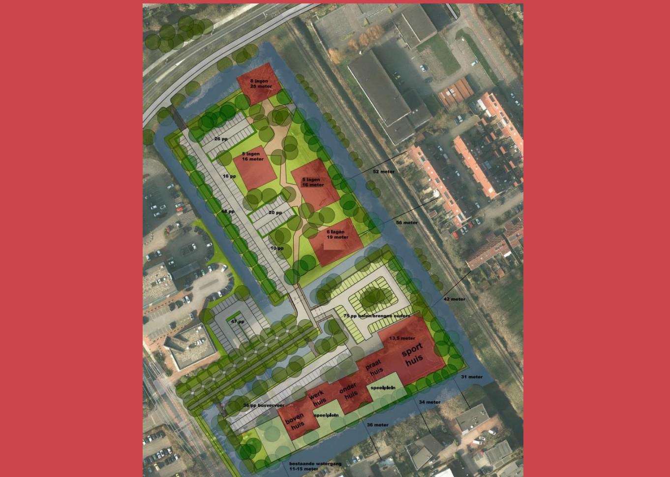 Hoger woongebouw verder weg door ondergrondseparkeergarage Nieuwe Steen Hoorn